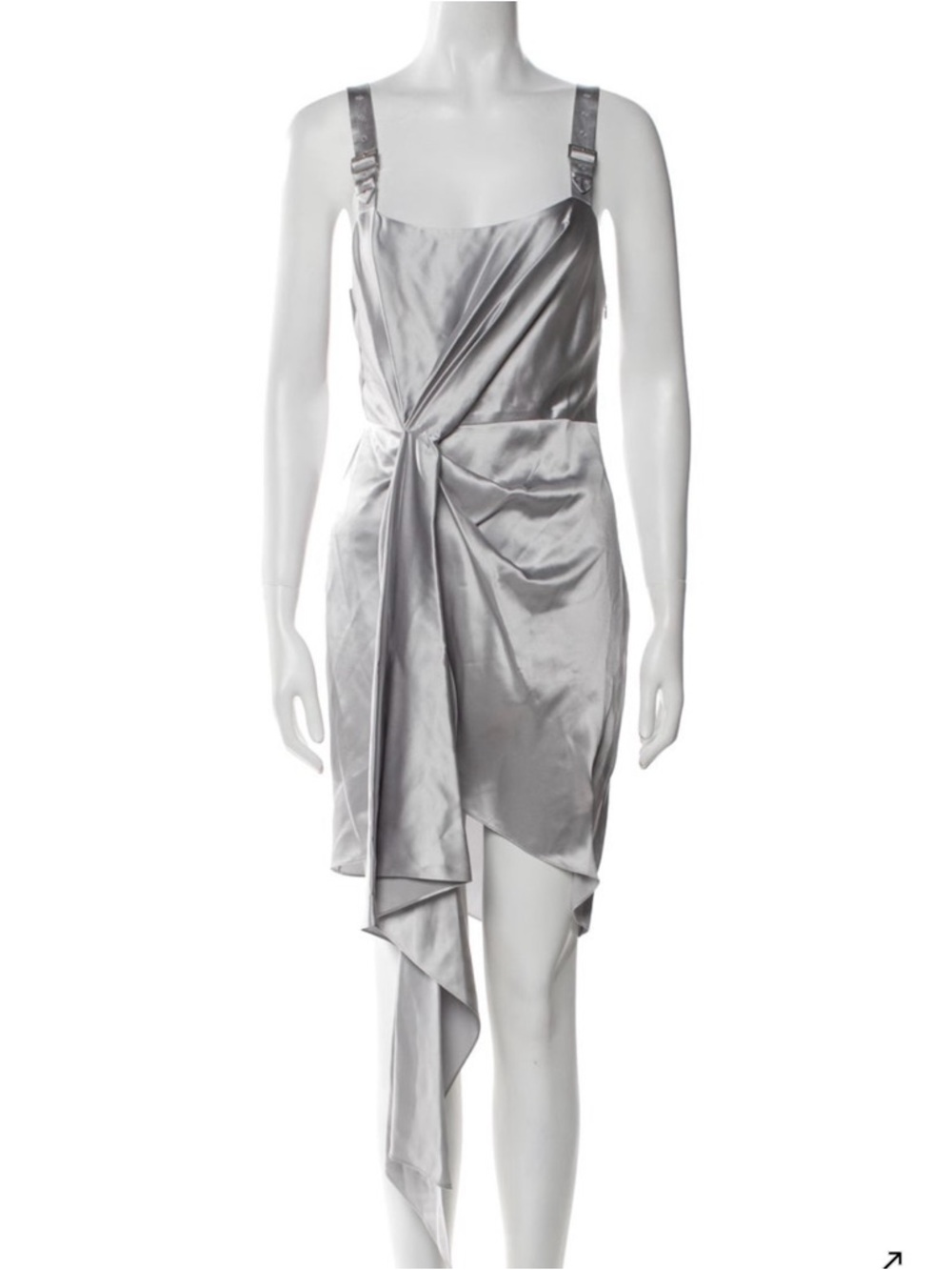 Fleur du Mal Silver Silk Asymmetric Draped Mini Dress with adjustable straps